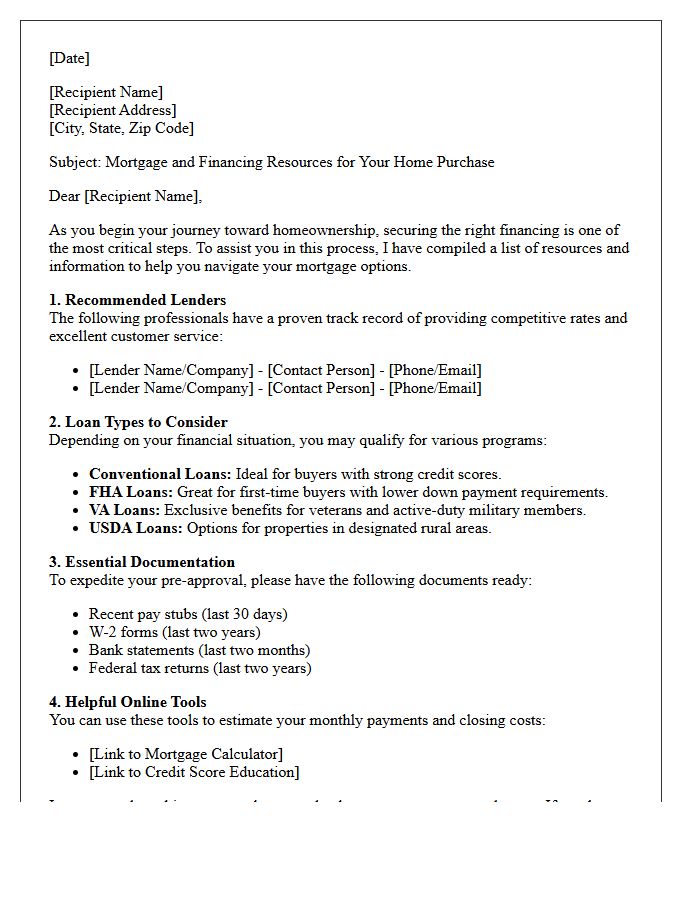 Mortgage and Financing Resources Letter