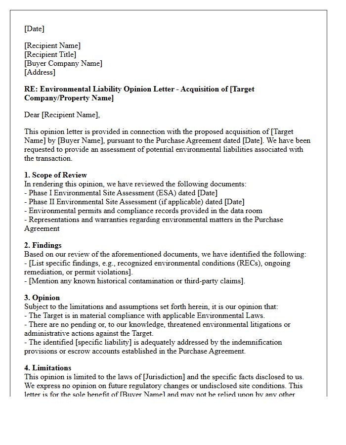 Mergers and Acquisitions Environmental Liability Opinion Letter