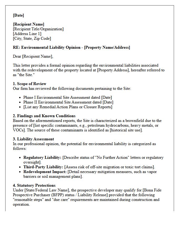 Brownfield Redevelopment Environmental Liability Opinion Letter