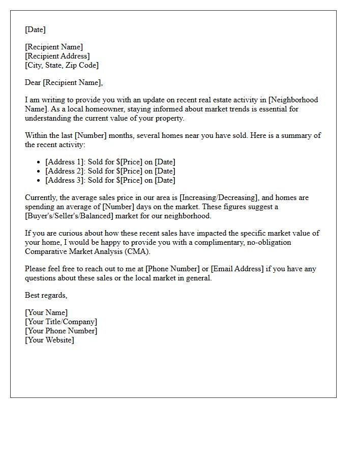 Recent Neighborhood Sales Update Letter