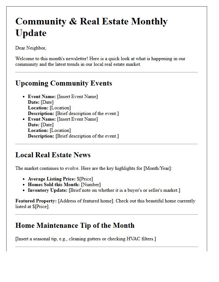 Upcoming Community Events and Real Estate News Letter