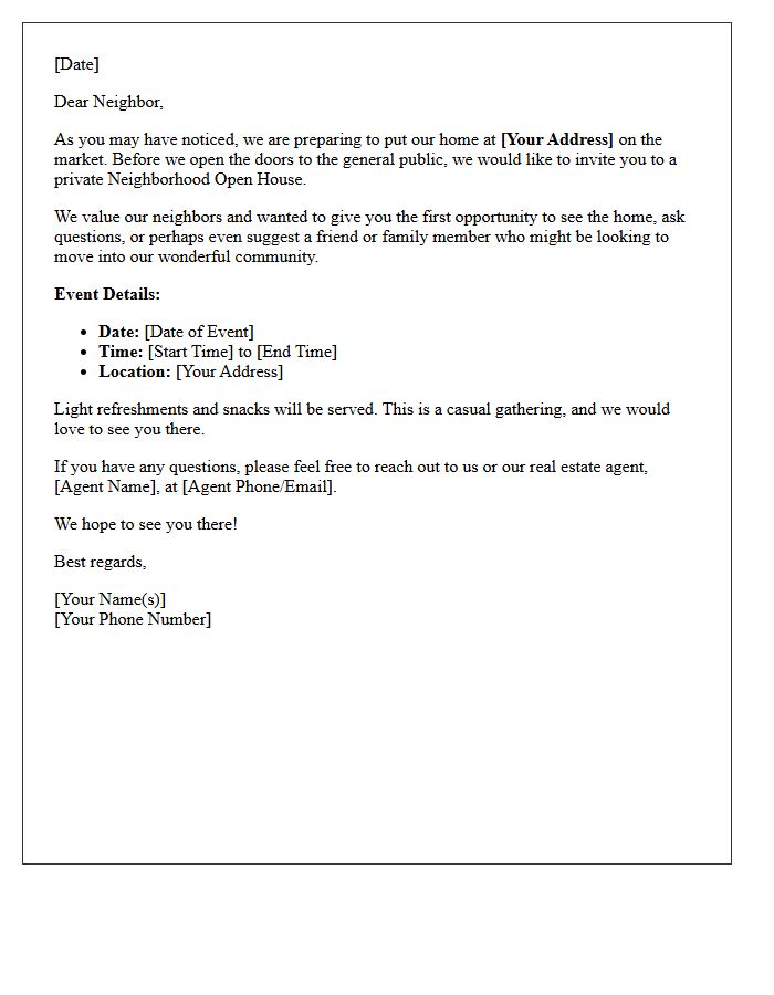 Invitation to a Private Neighborhood Open House Letter