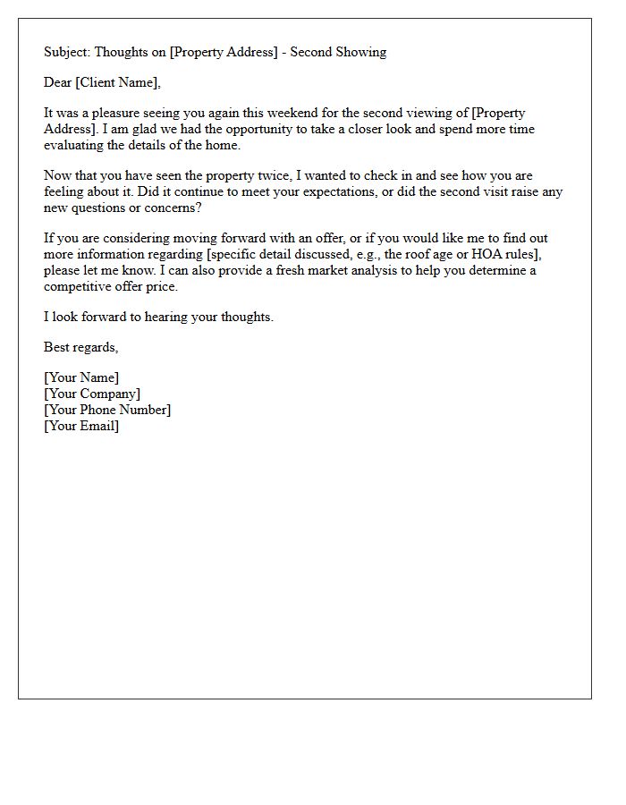 Weekend Private Second Showing Follow-Up Letter For Real Estate Clients