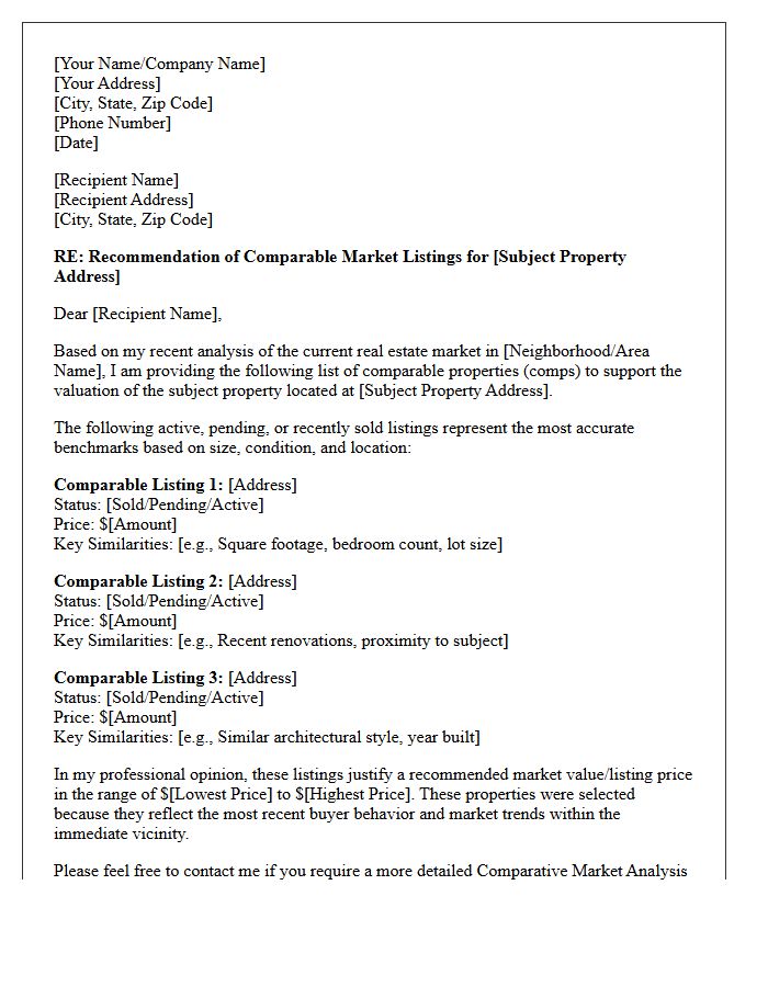 Letter of Recommendation for Comparable Real Estate Listings