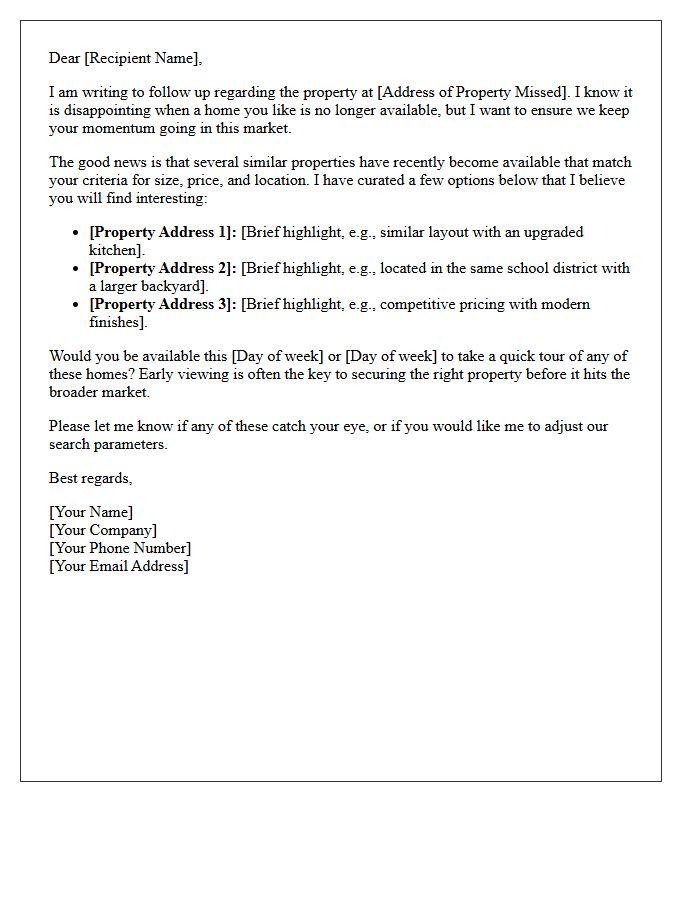 Missed Opportunity Follow-Up Letter Featuring Similar Available Homes