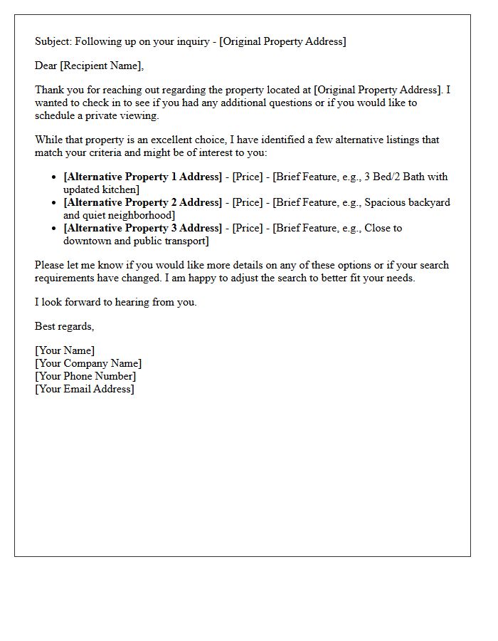 Real Estate Inquiry Follow-Up Letter with Alternative Listings