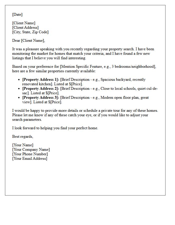 Property Search Follow-Up Letter Recommending Similar Homes