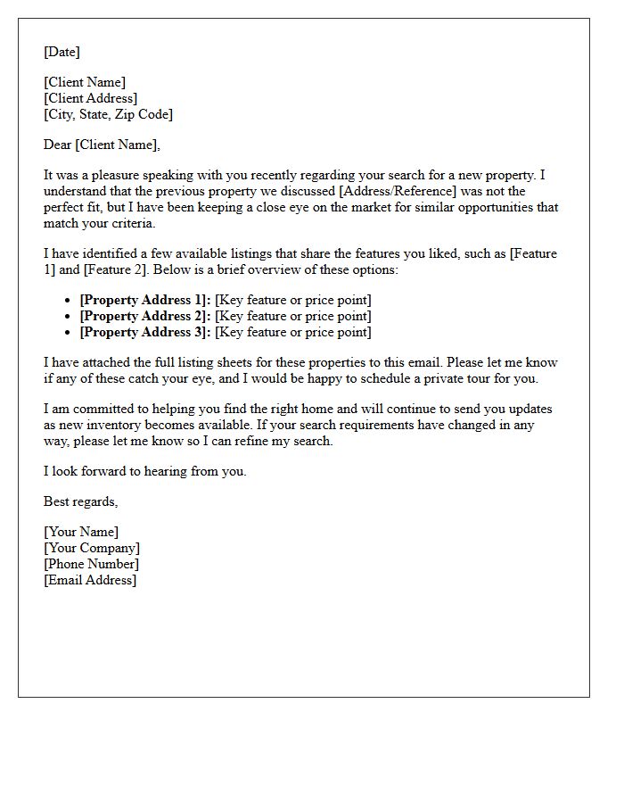 Client Follow-Up Letter Showcasing Similar Available Real Estate