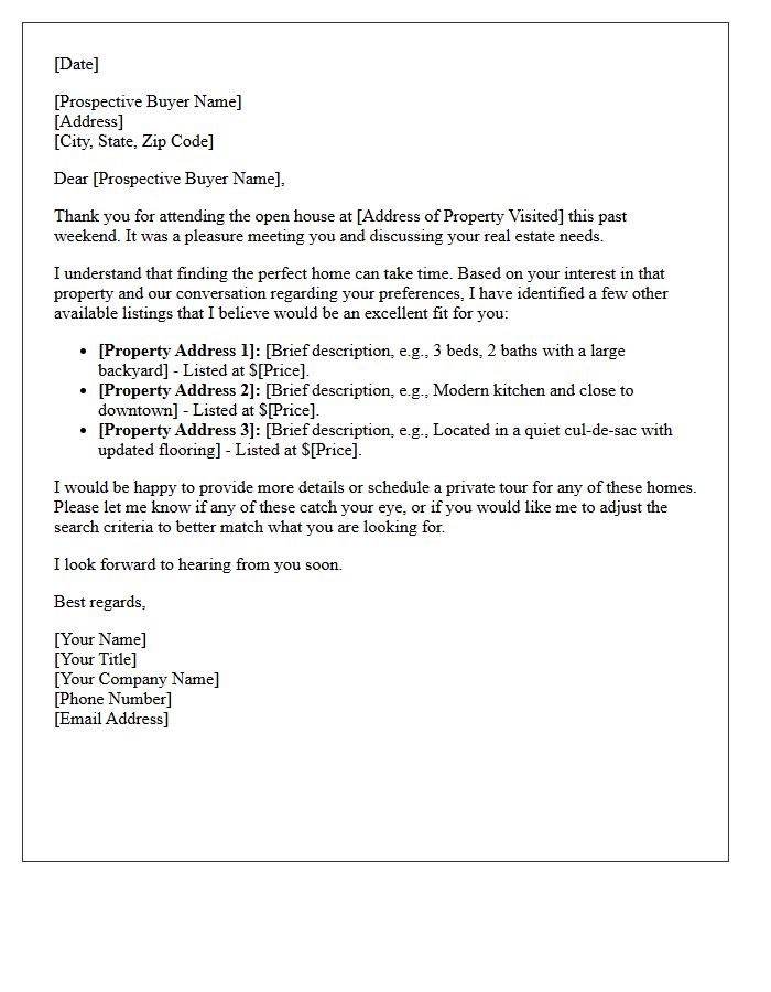 Open House Follow-Up Letter Suggesting Similar Available Properties