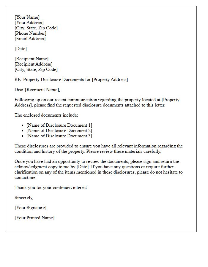 Follow-Up Letter Providing Requested Property Disclosures