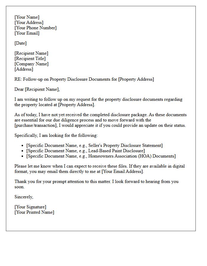 Property Disclosure Documents Follow-Up Letter