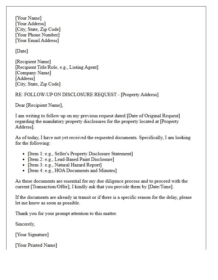 Real Estate Disclosure Request Follow-Up Letter