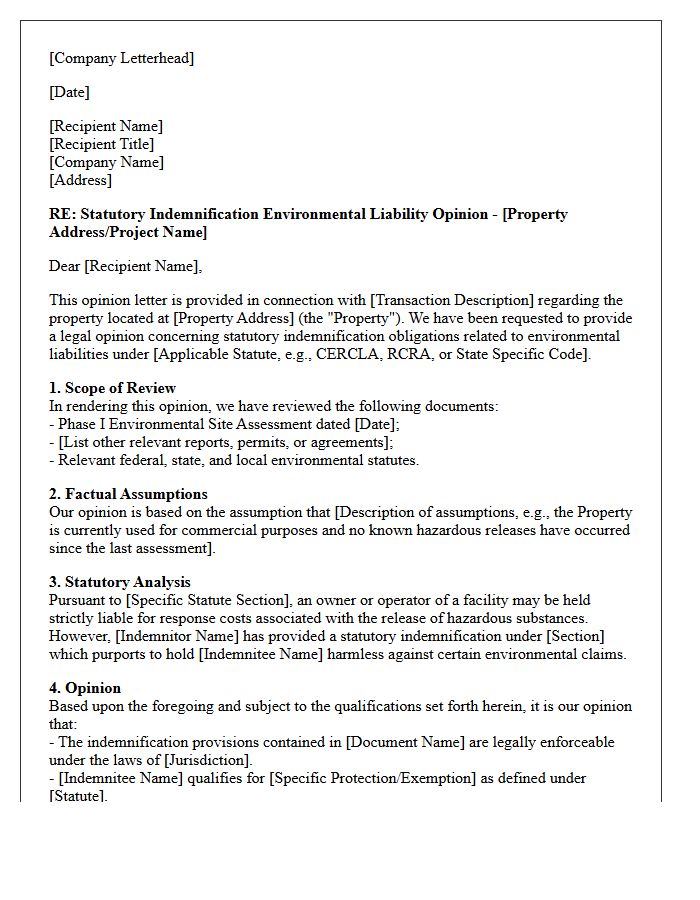 Statutory Indemnification Environmental Liability Opinion Letter