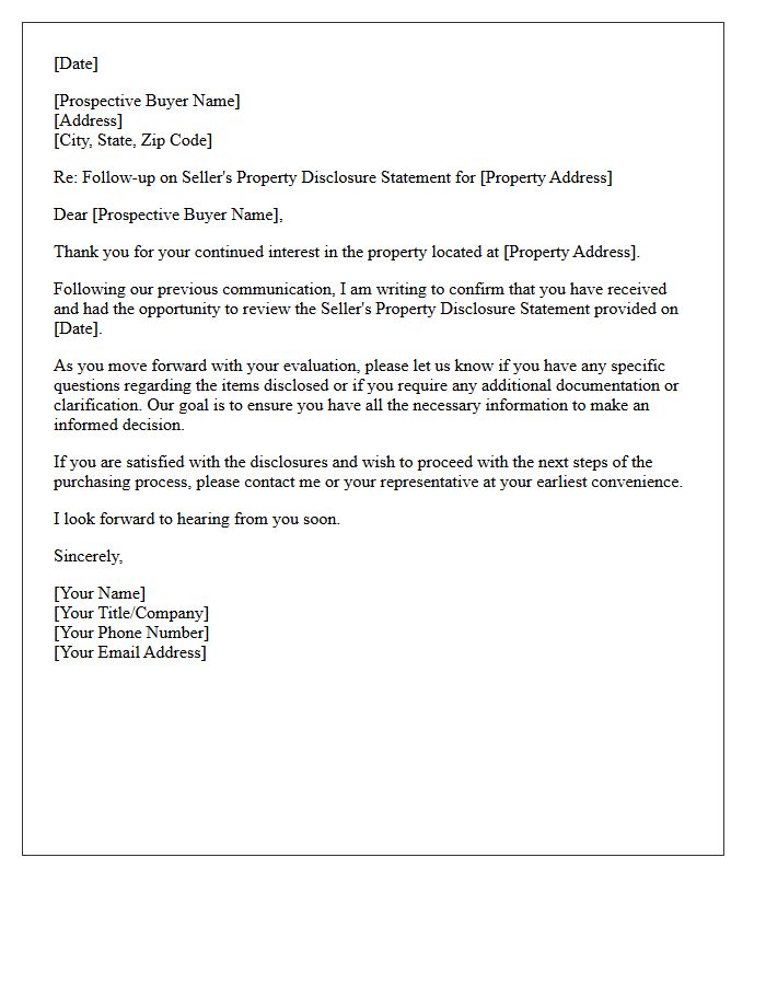 Seller Disclosure Follow-Up Letter to Prospective Buyer