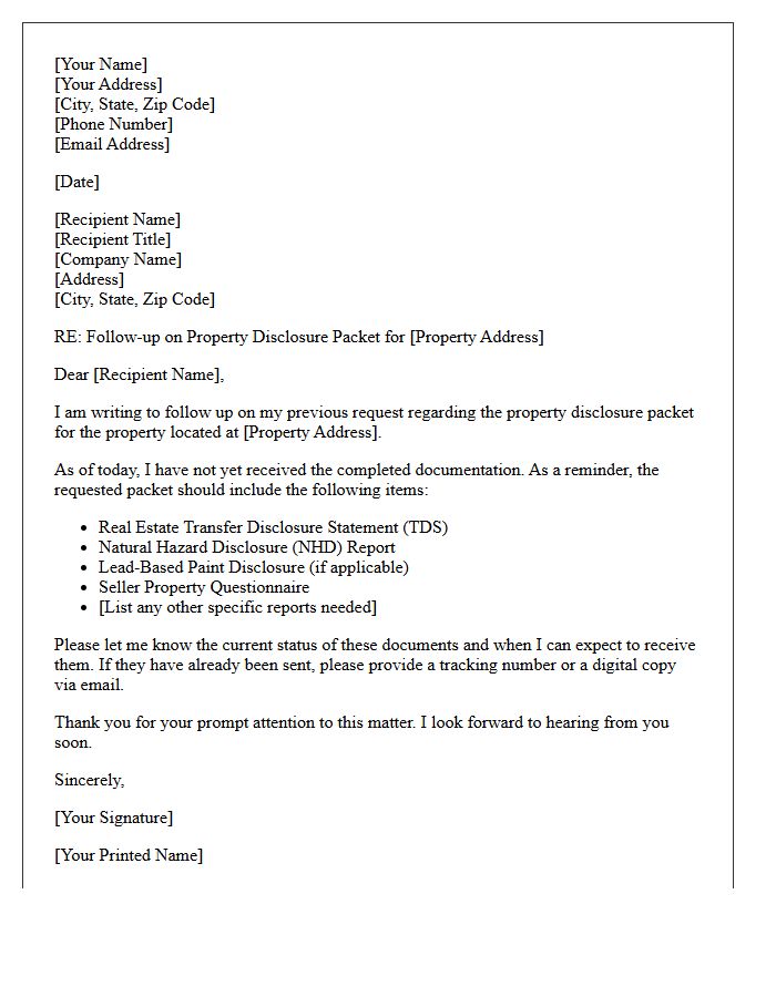 Letter of Follow-Up Regarding Property Disclosure Packets