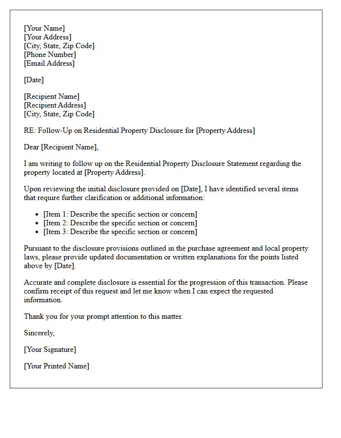 Residential Property Disclosure Provision Follow-Up Letter