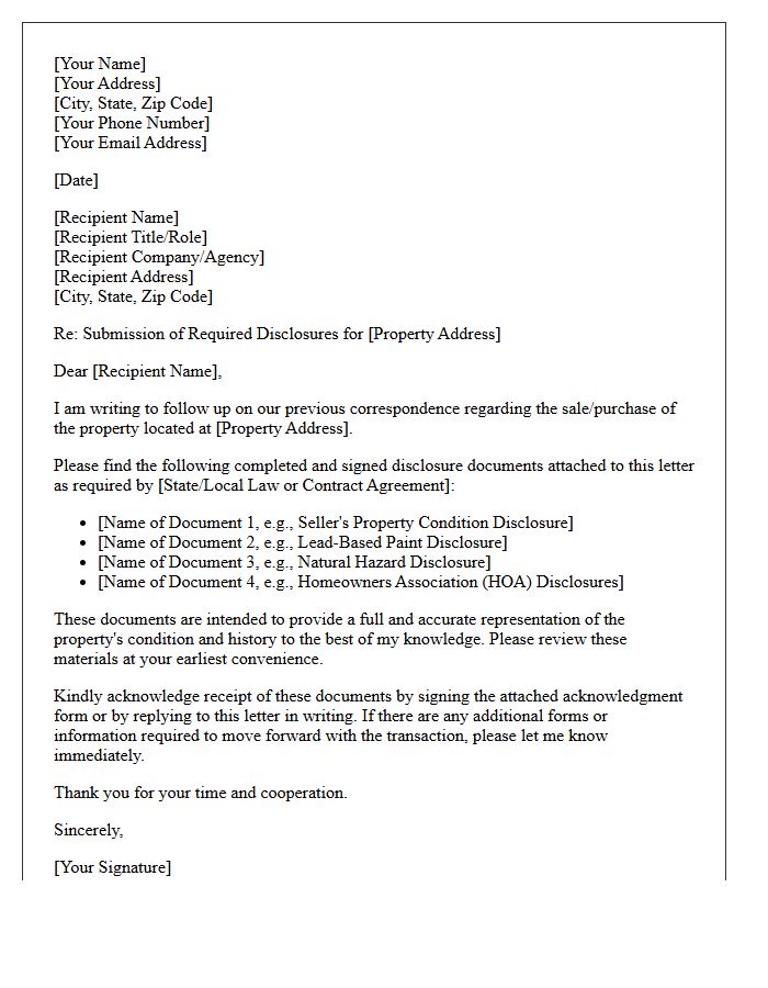 Follow-Up Letter Submitting Required Real Estate Disclosures