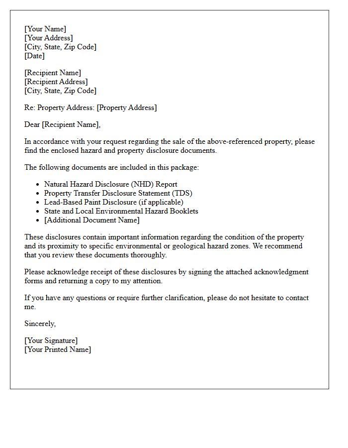Letter Providing Requested Hazard and Property Disclosures
