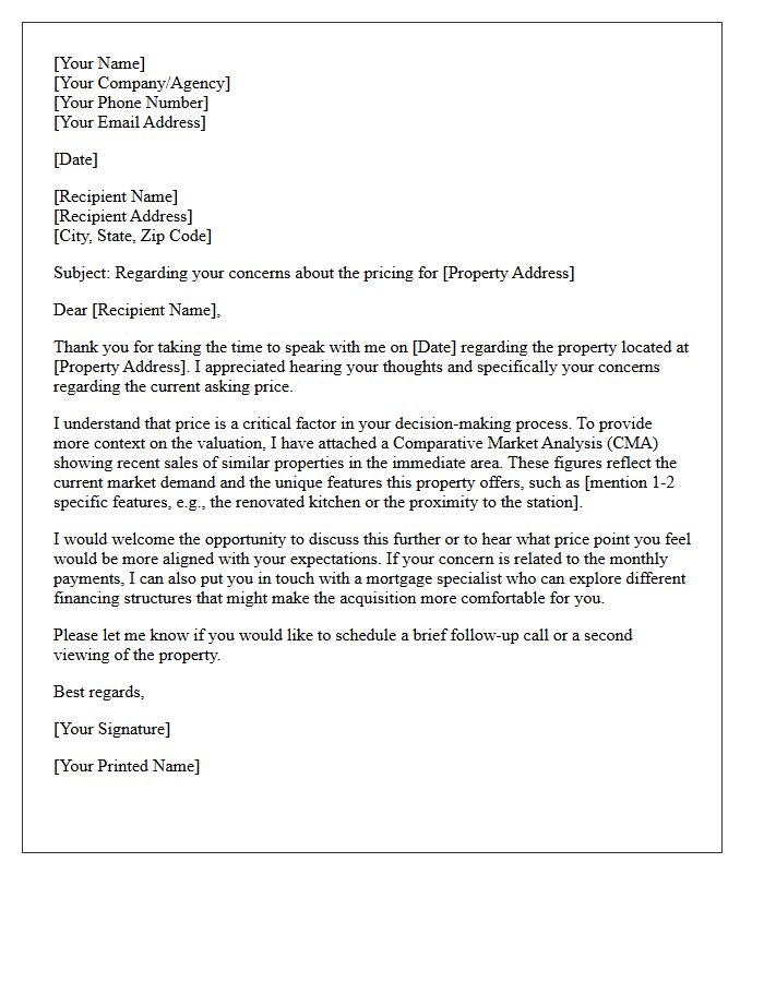 Follow-Up Letter Addressing Property Price Objections