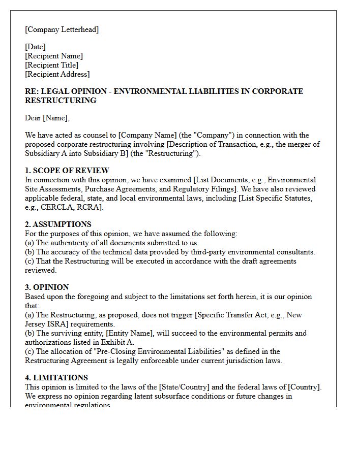 Corporate Restructuring Environmental Liability Opinion Letter