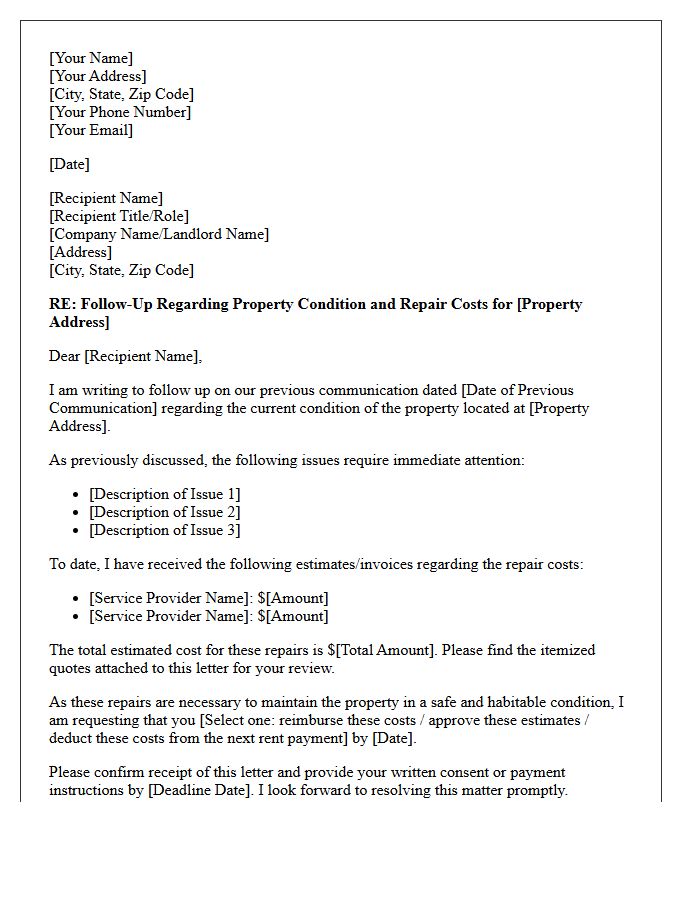 Follow-Up Letter Addressing Property Condition and Repair Costs