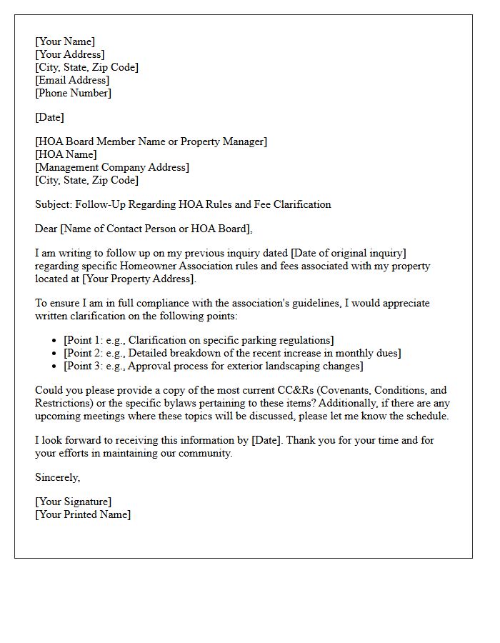 Follow-Up Letter Clarifying Homeowner Association Rules and Fees