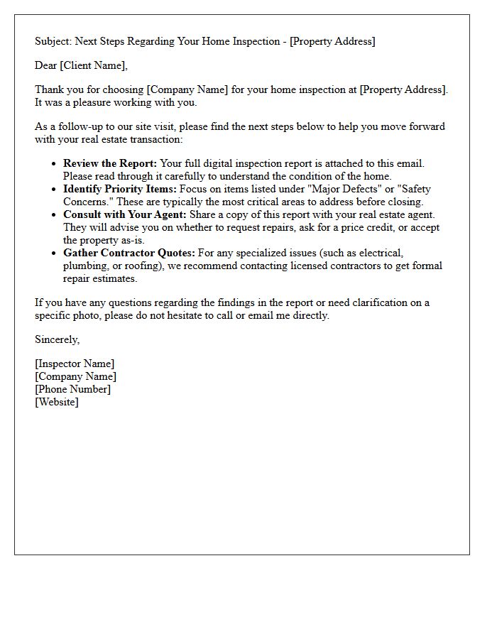Home Inspection Next Steps Follow-Up Letter