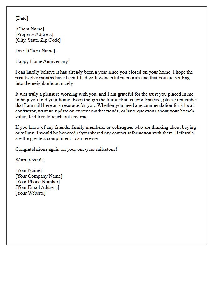 One-Year Homeowner Anniversary Follow-Up Letter