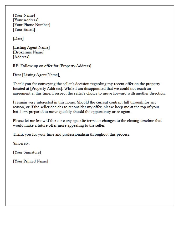 Follow-Up Letter Following a Rejected Real Estate Offer