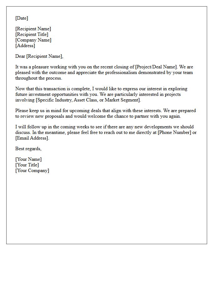 Post-Closing Letter for Future Investment Opportunities