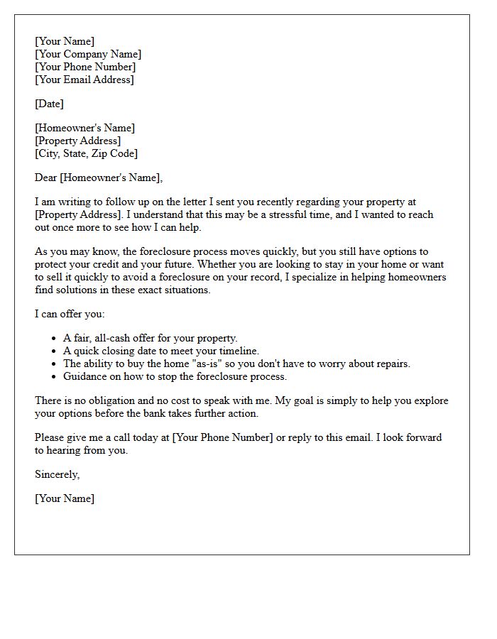 Pre-Foreclosure Follow-Up Letter for the Distressed Seller