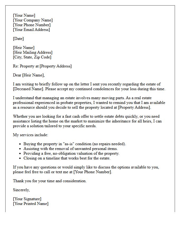Probate Real Estate Follow-Up Letter for the Estate Heir