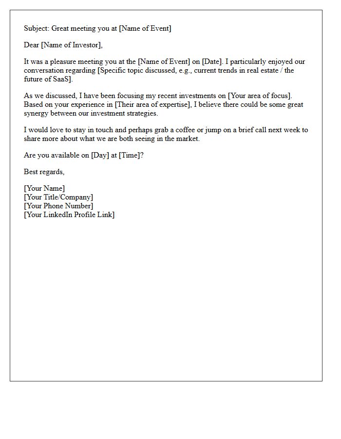 Networking Event Follow-Up Letter to a Fellow Investor