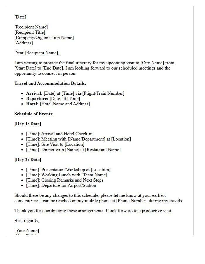 Upcoming In-Person City Visit Itinerary Letter