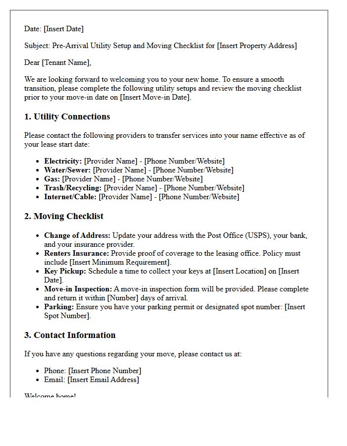 Pre-Arrival Utility Setup And Moving Checklist Letter
