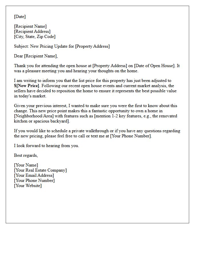 Post-Open House Price Reduction Follow-Up Letter