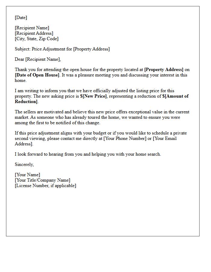 Open House Attendee Price Adjustment Announcement Letter