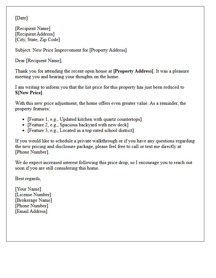 Recent Open House Price Drop Notification Letter