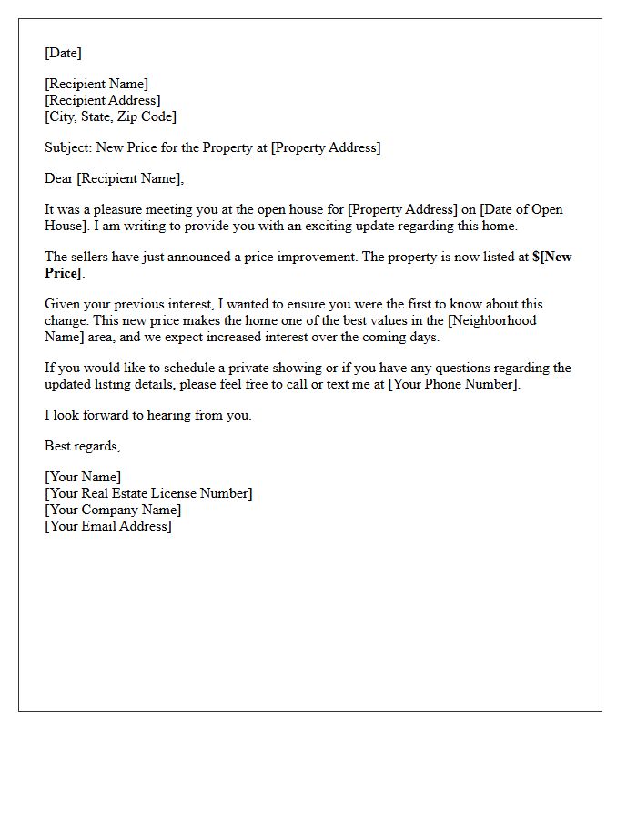 Price Improvement Open House Follow-Up Letter