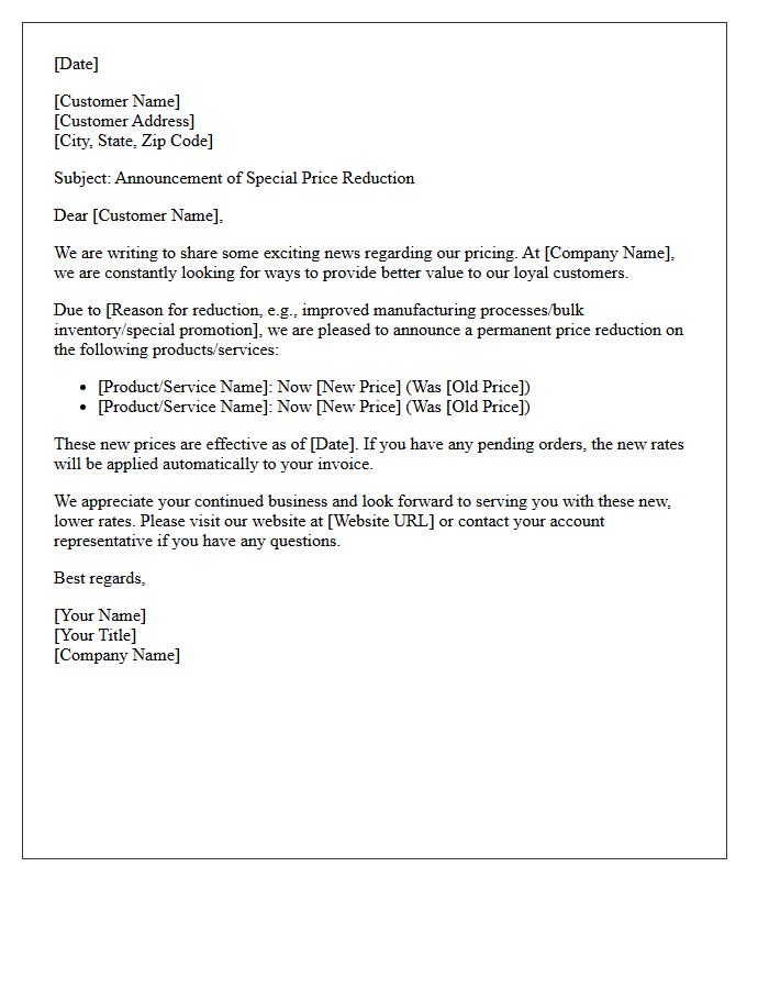 Special Price Reduction Announcement Letter