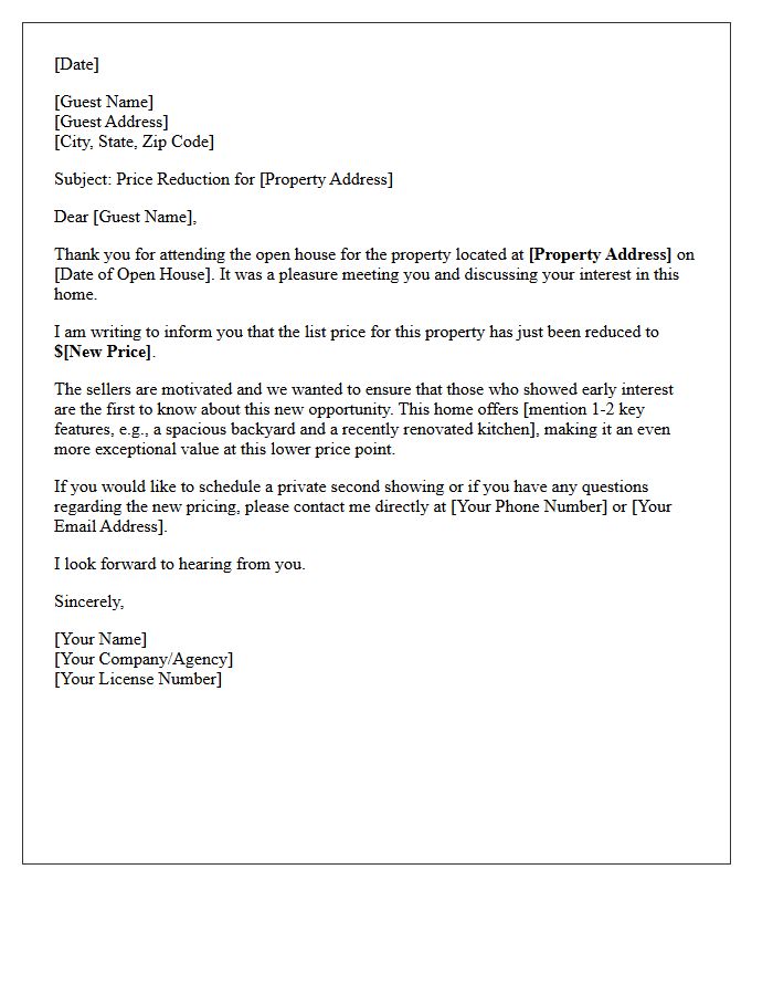 Open House Guest Price Reduction Letter