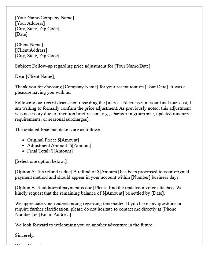 Post-Tour Price Adjustment Follow-Up Letter