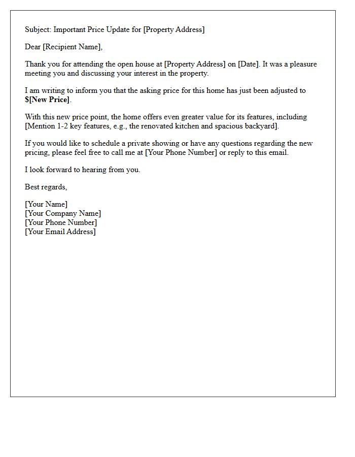 New Asking Price Open House Follow-Up Letter