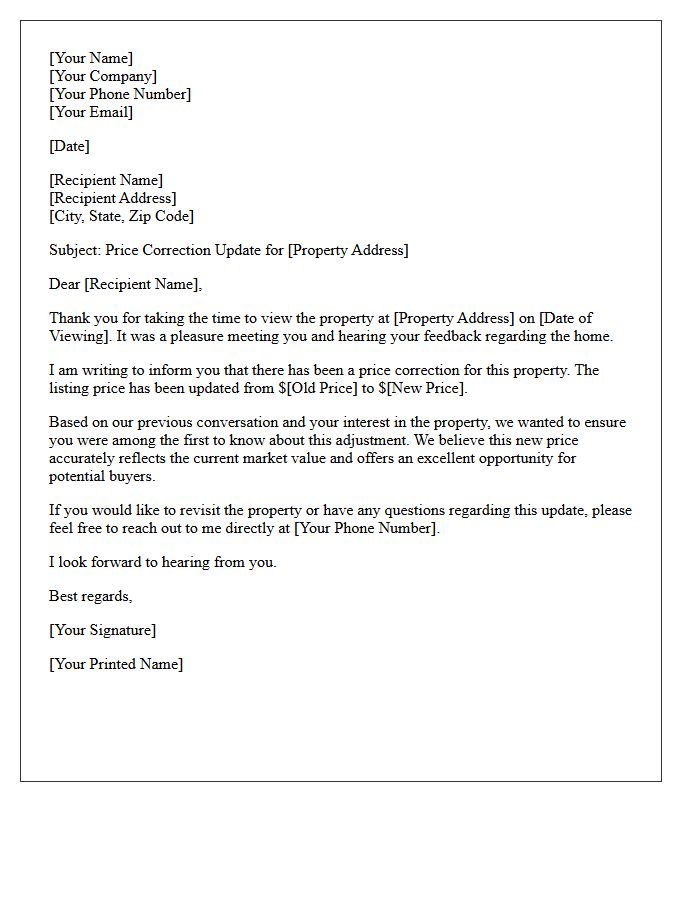 Post-Viewing Price Correction Update Letter