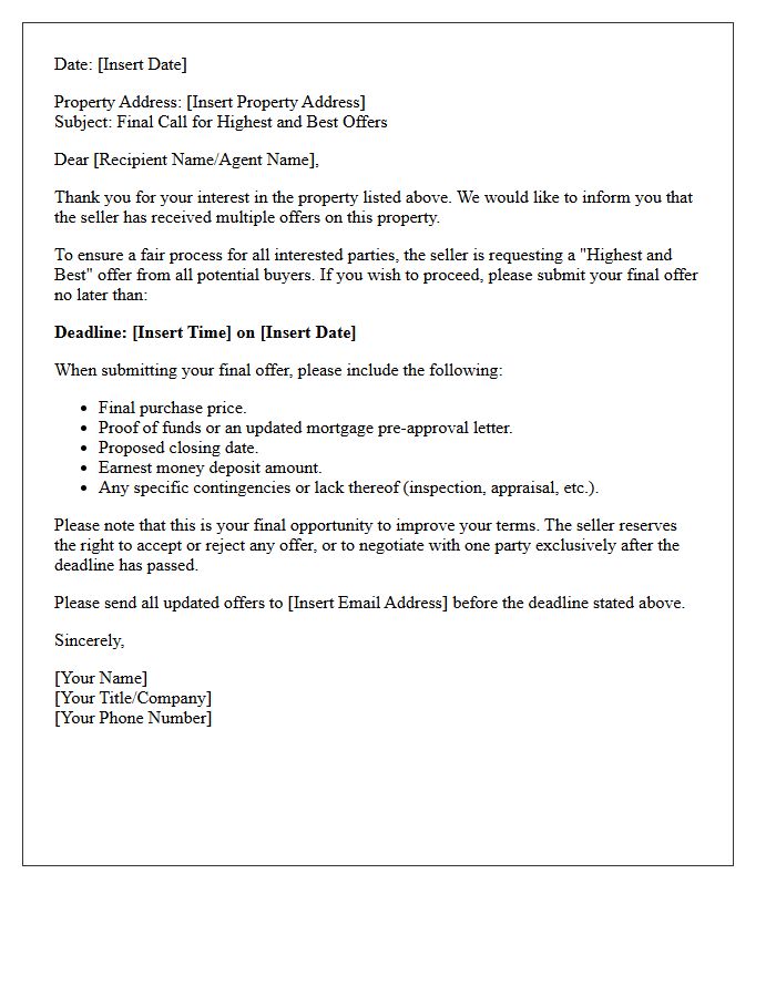 Final Call For Highest And Best Offer Letter