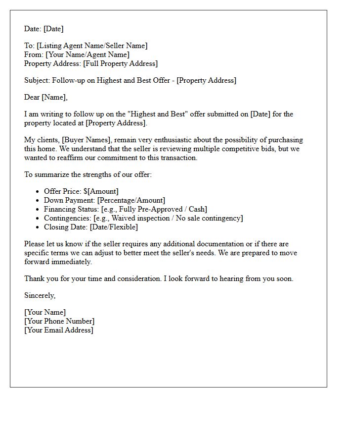 Real Estate Highest And Best Offer Follow-Up Letter