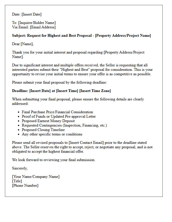 Seller Request For Highest And Best Proposal Letter