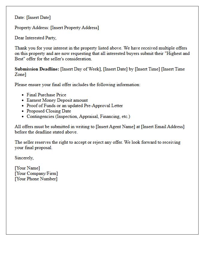 Deadline Announcement For Highest And Best Offer Letter