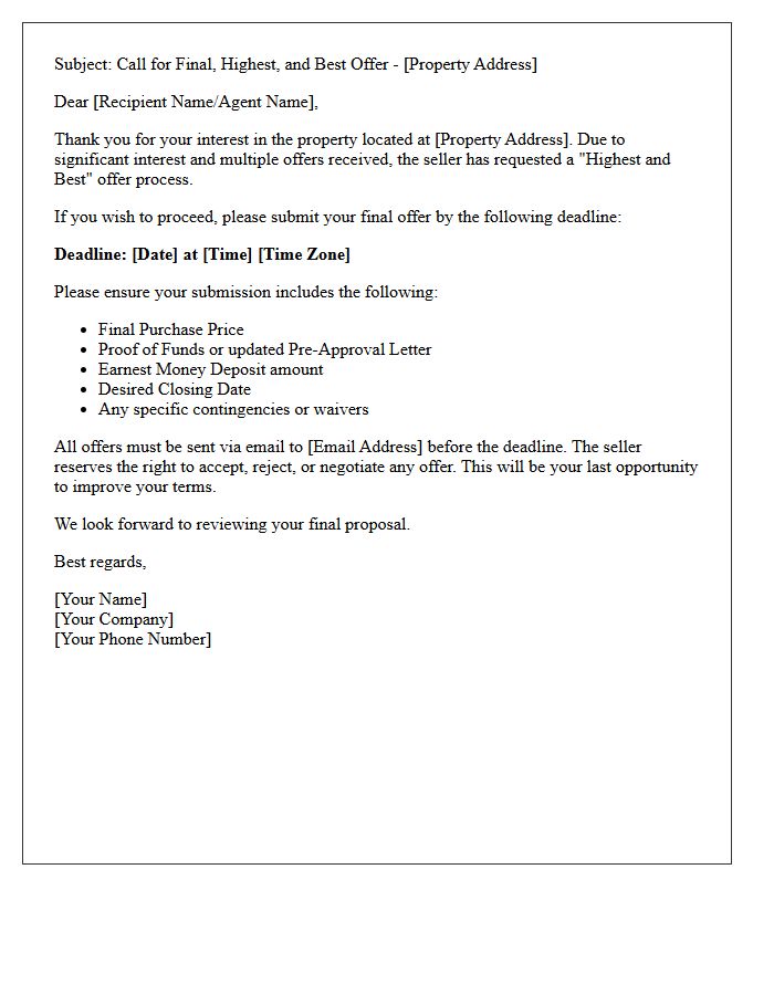 Call For Final Highest And Best Price Letter