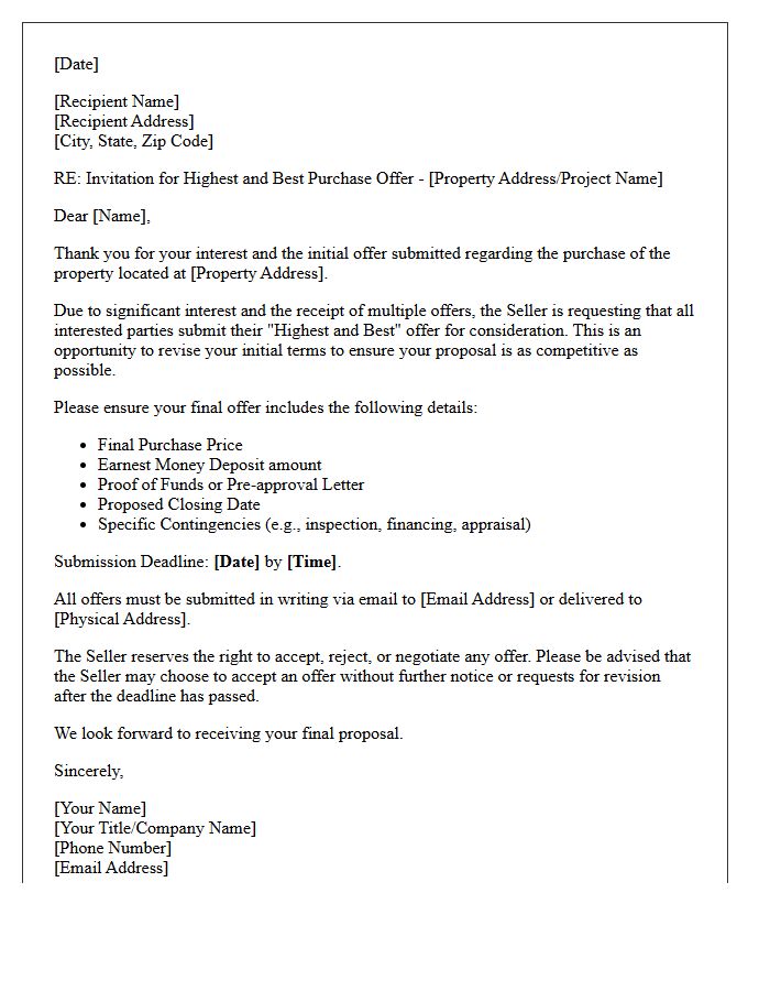 Invitation For Highest And Best Purchase Offer Letter